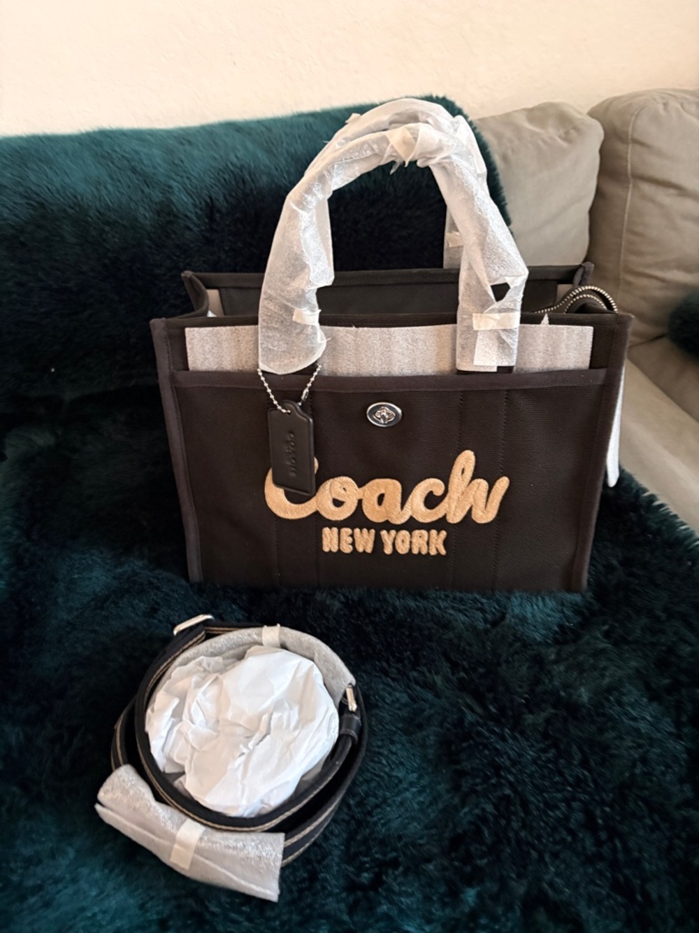 Coach Black Canvas Tote with Tan Logo Script